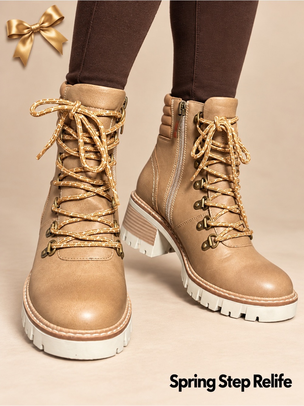 Spring Step Relife Tan Lace-Up Lug Sole Comfy Ankle Boots EU 37 US 6.5–7